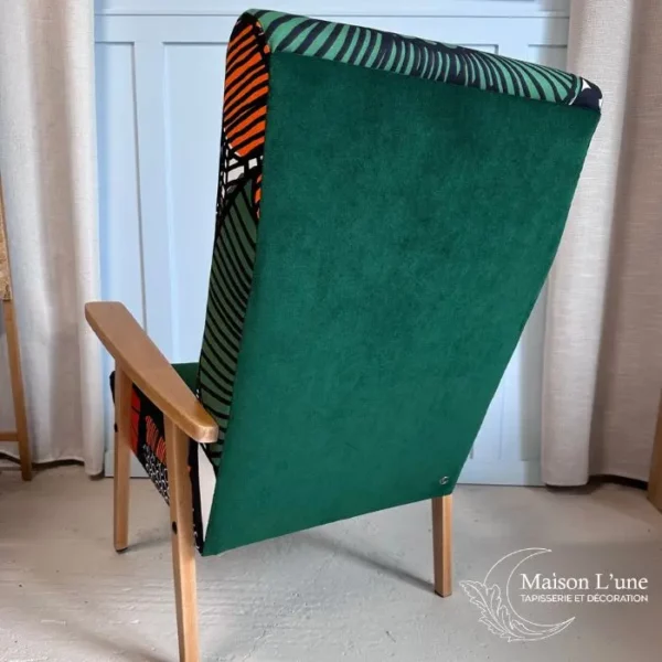 Fauteuil scandinave Esperanza motif 70's vert orange